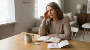 Donna seduta a un tavolo che riflette mentre consulta un diario e materiale informativo medico.