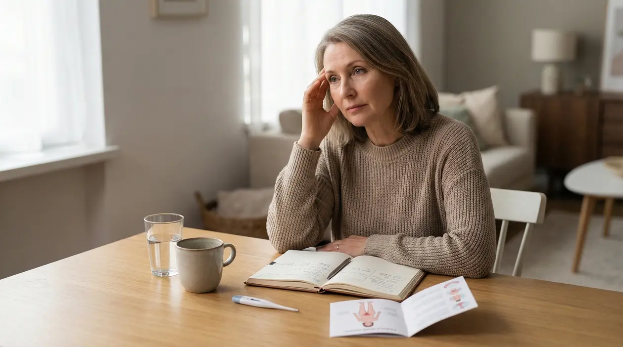 Donna seduta a un tavolo che riflette mentre consulta un diario e materiale informativo medico.