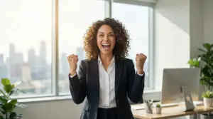 Una persona felice in ufficio festeggia con entusiasmo vicino a una scrivania