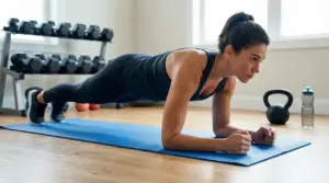 Donna che esegue il plank su un tappetino da fitness in una palestra domestica