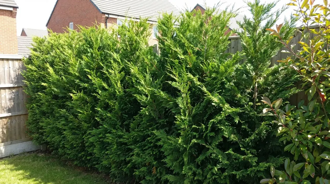 Siepe sempreverde e fitta in un giardino residenziale con case sullo sfondo