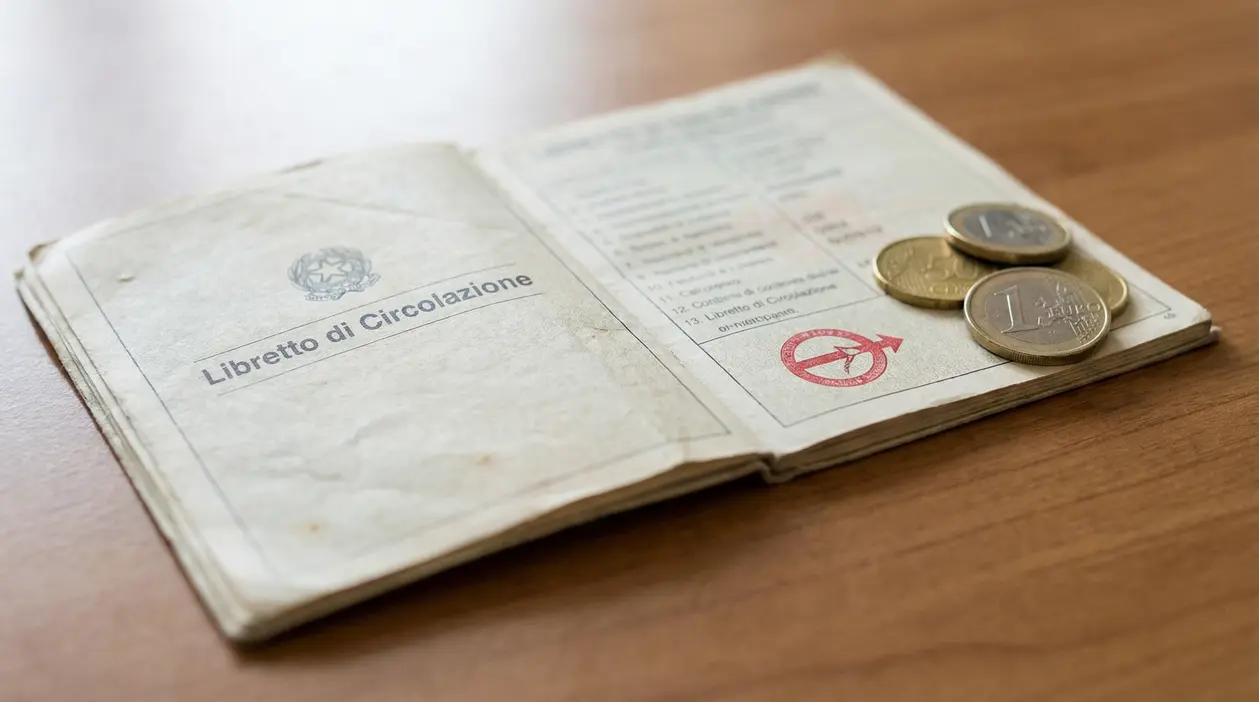 Libretto di circolazione aperto con alcune monete su un tavolo di legno