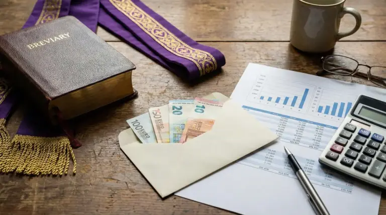 Busta con banconote in euro, libro liturgico e documenti finanziari su un tavolo