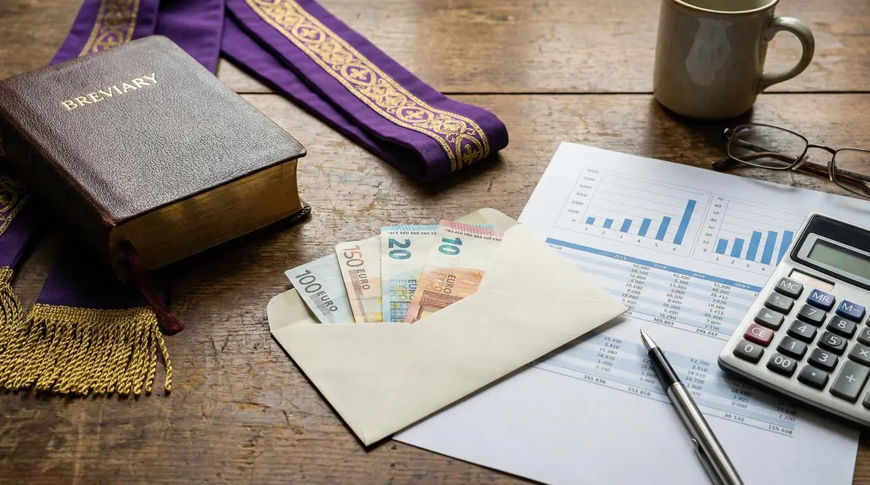 Busta con banconote in euro, libro liturgico e documenti finanziari su un tavolo