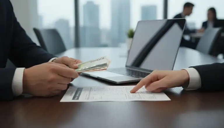 Due persone in ufficio discutono di un documento mentre una tiene un mazzetto di banconote in mano