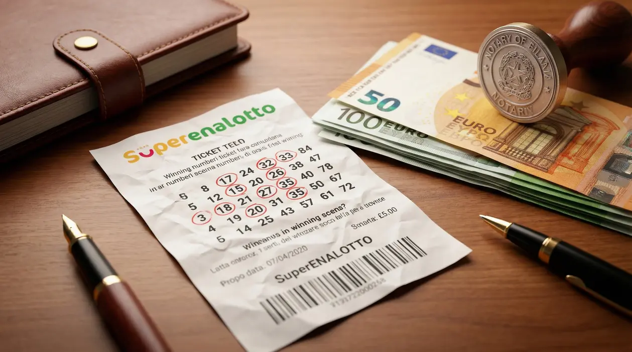 Biglietto del Superenalotto accanto a banconote in euro, timbro notarile e penna su una scrivania