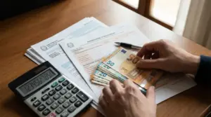 Mani che contano banconote in euro accanto a documenti fiscali e calcolatrice su un tavolo