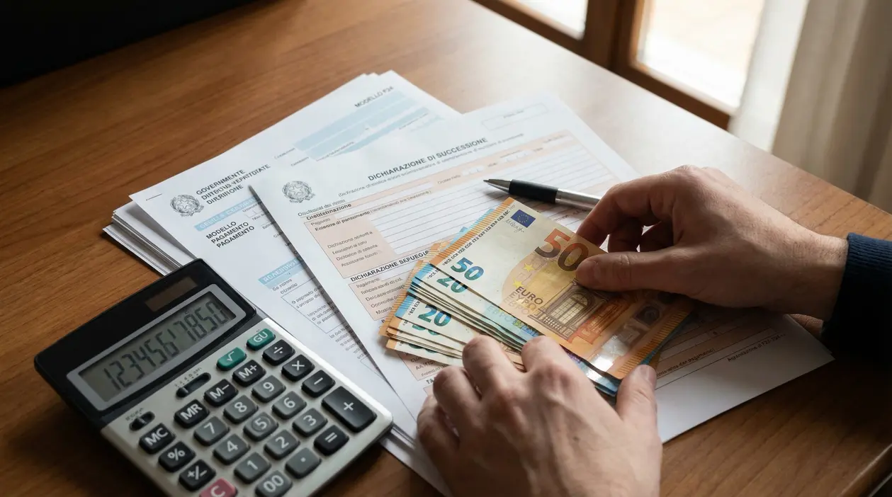 Mani che contano banconote in euro accanto a documenti fiscali e calcolatrice su un tavolo