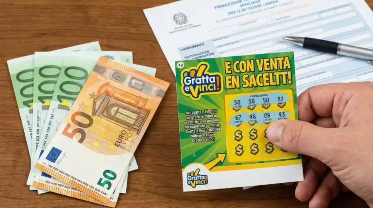 Una mano tiene un gratta e vinci accanto a banconote in euro e documenti fiscali su un tavolo.
