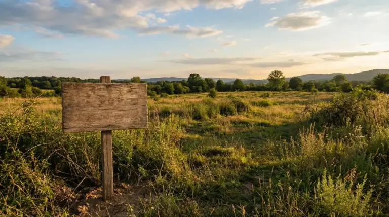 Un terreno incolto con un cartello di legno vuoto al tramonto