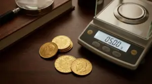 Monete d'oro vicino a una bilancia di precisione su un tavolo in legno