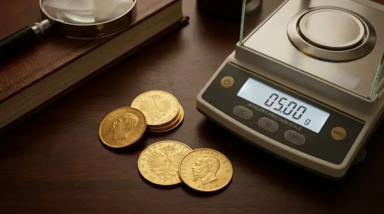 Monete d'oro vicino a una bilancia di precisione su un tavolo in legno