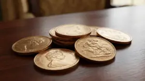 Sterline d'oro impilate su una superficie in legno