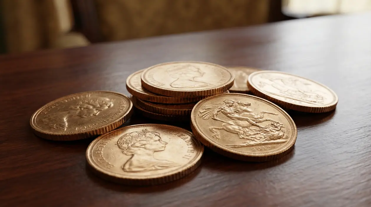 Sterline d'oro impilate su una superficie in legno