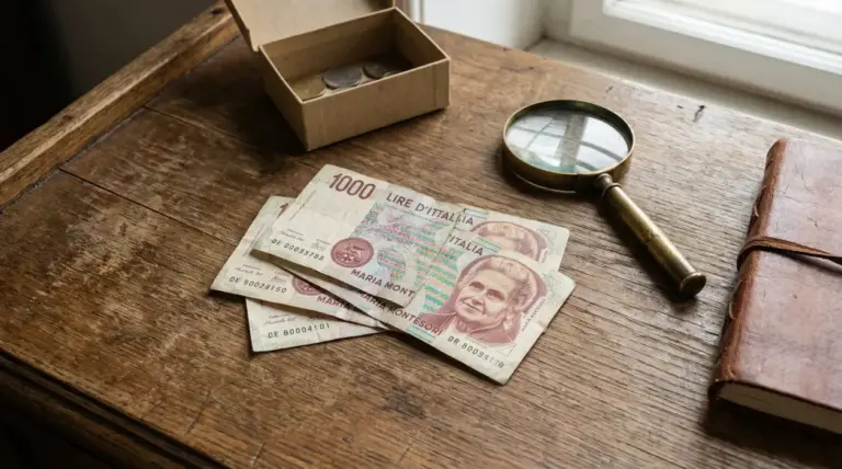 Vecchie banconote da 1000 lire italiane con il volto di Maria Montessori su un tavolo di legno