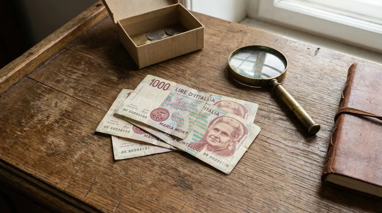 Vecchie banconote da 1000 lire italiane con il volto di Maria Montessori su un tavolo di legno