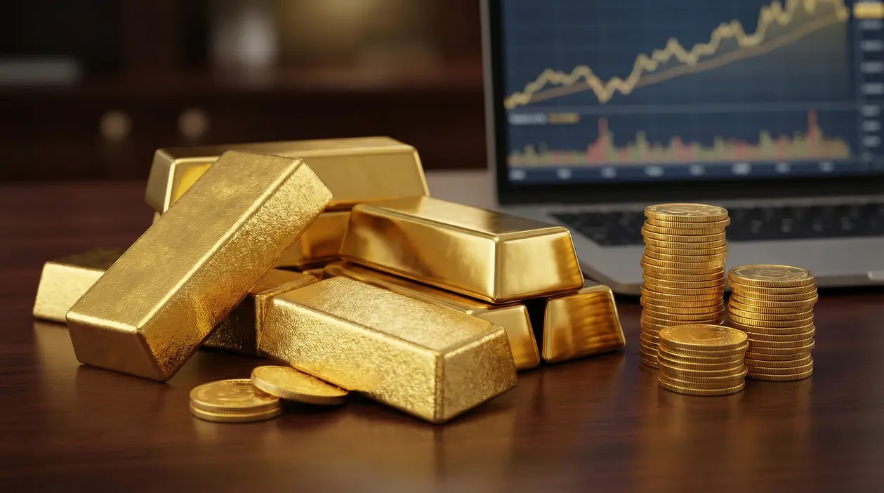 Lingotti d'oro e monete impilati su un tavolo accanto a un computer portatile con grafico di mercato