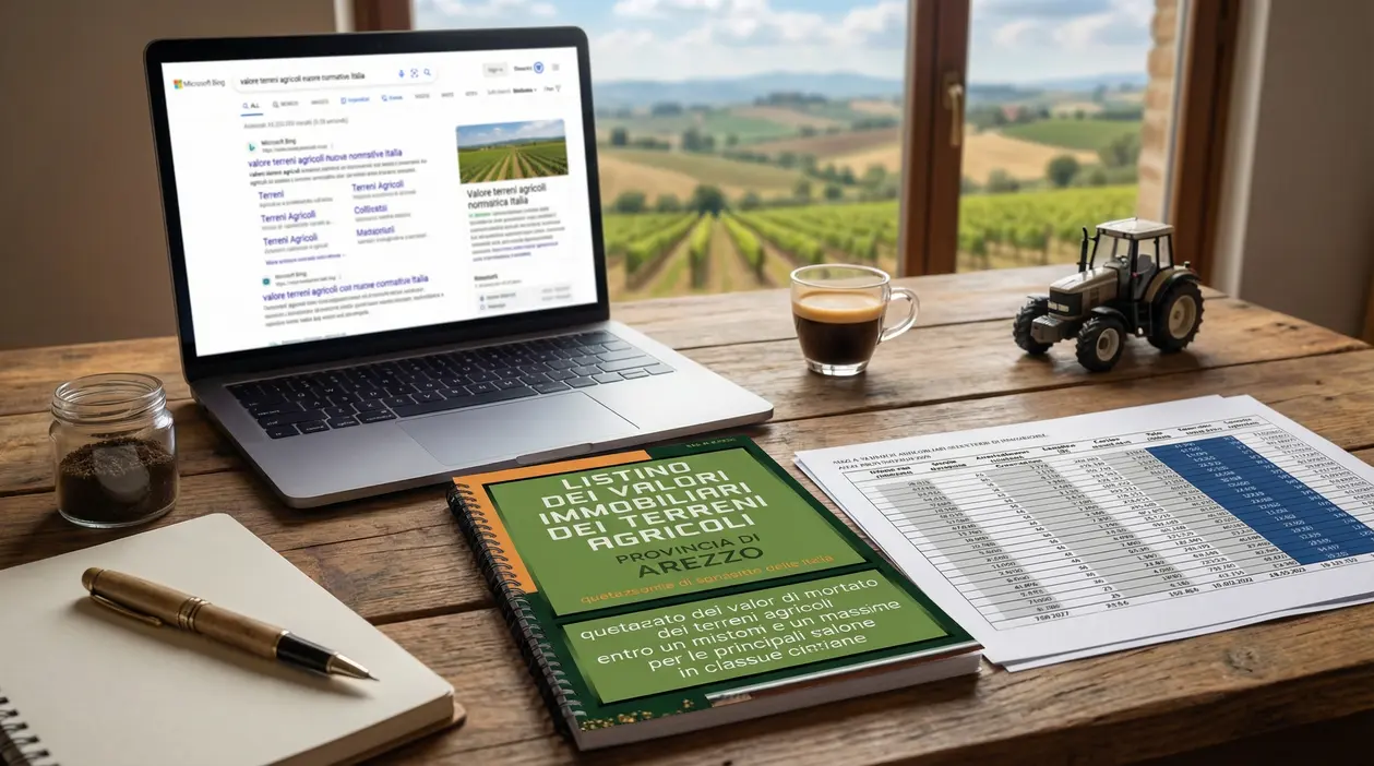 Scrivania con laptop, documenti e vista su campi agricoli, legata al valore dei terreni agricoli