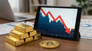 Lingotti d'oro accanto a un tablet con grafico finanziario in forte calo