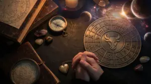 Mani giunte vicino a un disco zodiacale con simboli astrologici e sfondo di pianeti