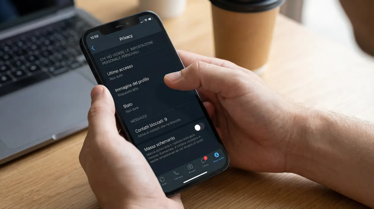 Persona che controlla le impostazioni della privacy di WhatsApp su uno smartphone