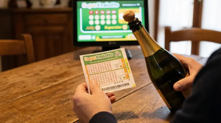 Persona tiene una schedina del SuperEnalotto e una bottiglia di spumante davanti a un monitor